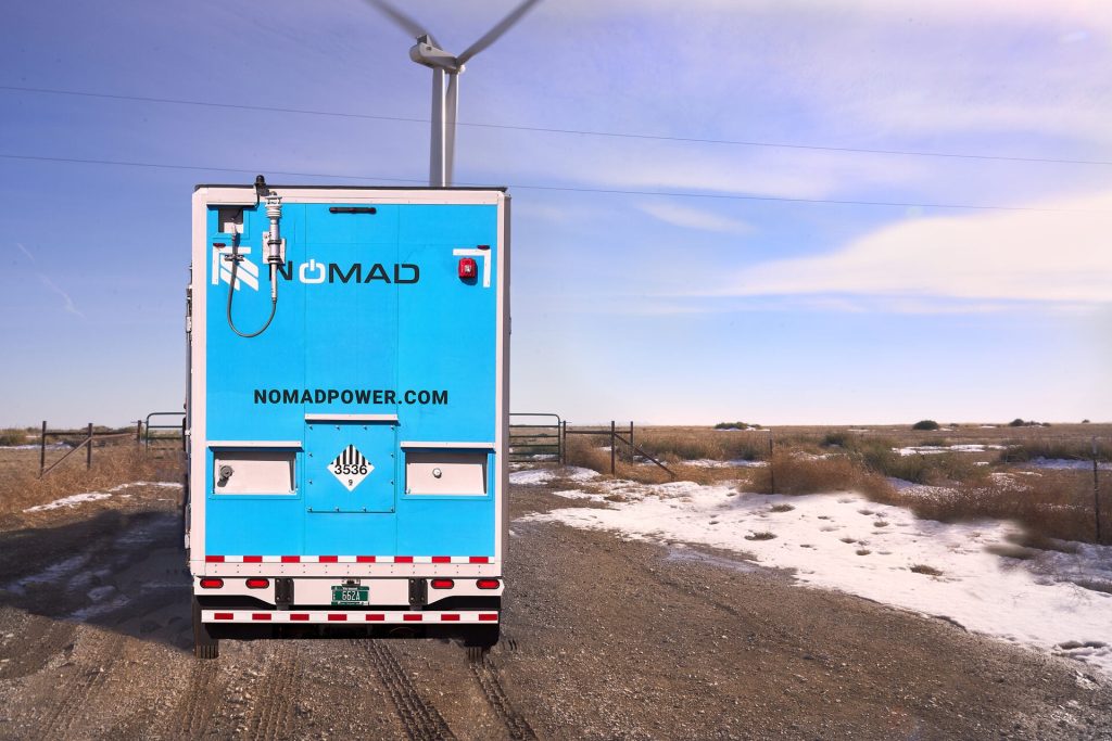 NOMAD Voyager mobile battery energy storage unit deployed on site in winter.