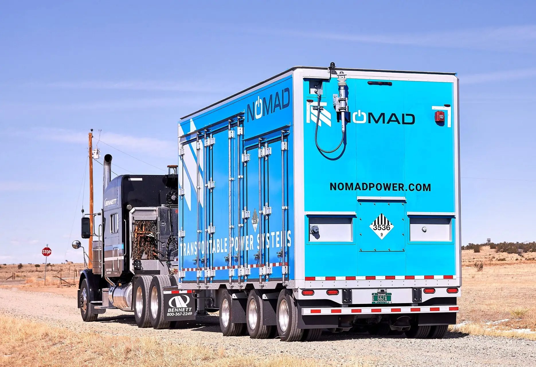 Semi truck transporting a NOMAD Voyager mobile battery energy storage unit.