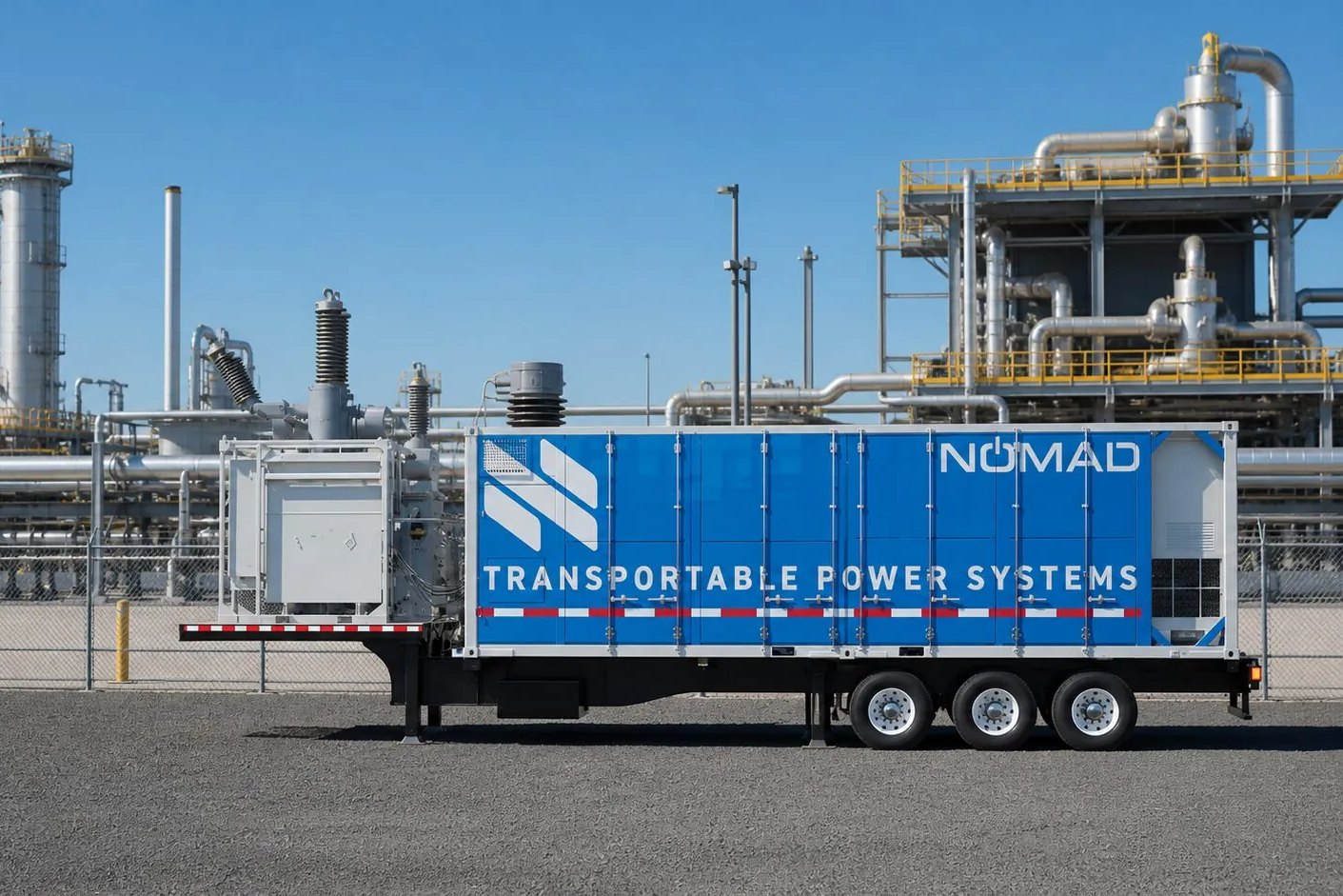 Mobile battery energy storage unit on a trailer at an industrial energy facility.