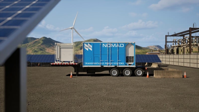 Mobile battery energy storage unit deployed near wind and solar generation.